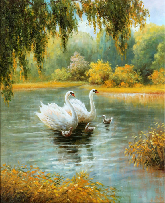 Animals Oil Painting - White Swans with Cygnets on a Quiet Lake - Oil Painting Haven
