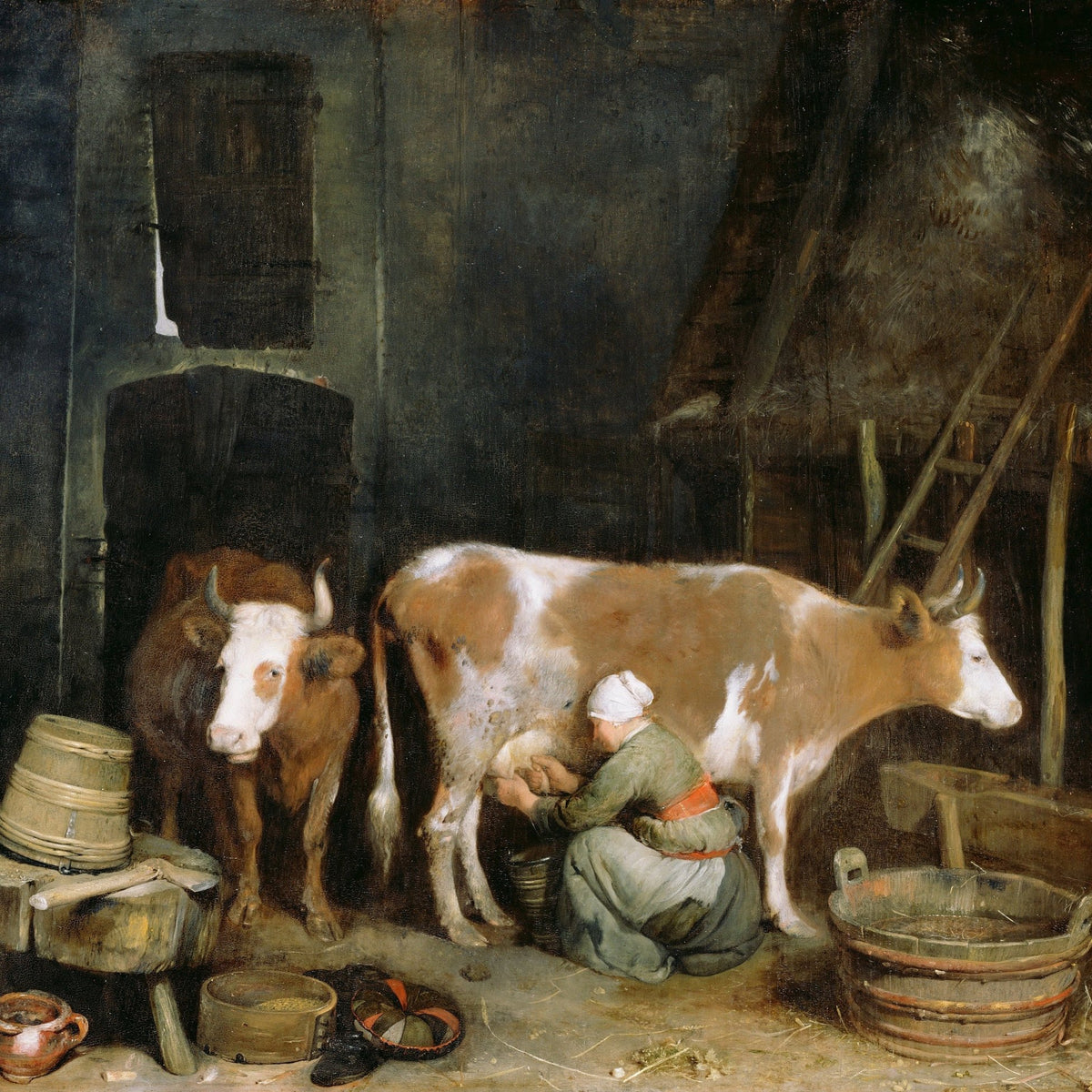 Animals Oil Painting - Woman Milking Cow in Rustic Barn Scene - Oil Painting Haven