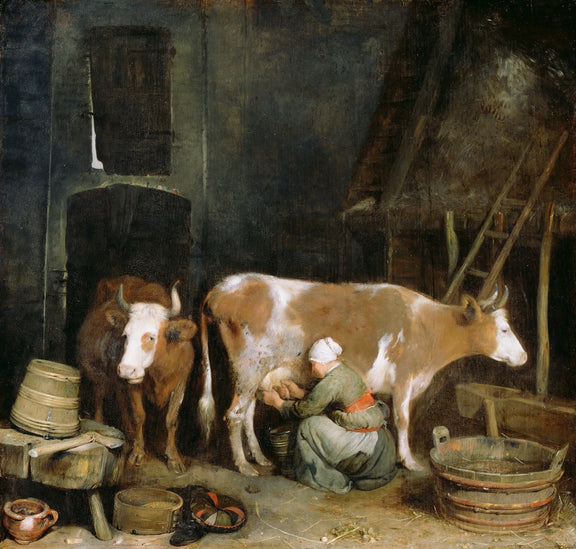 Animals Oil Painting - Woman Milking Cow in Rustic Barn Scene - Oil Painting Haven