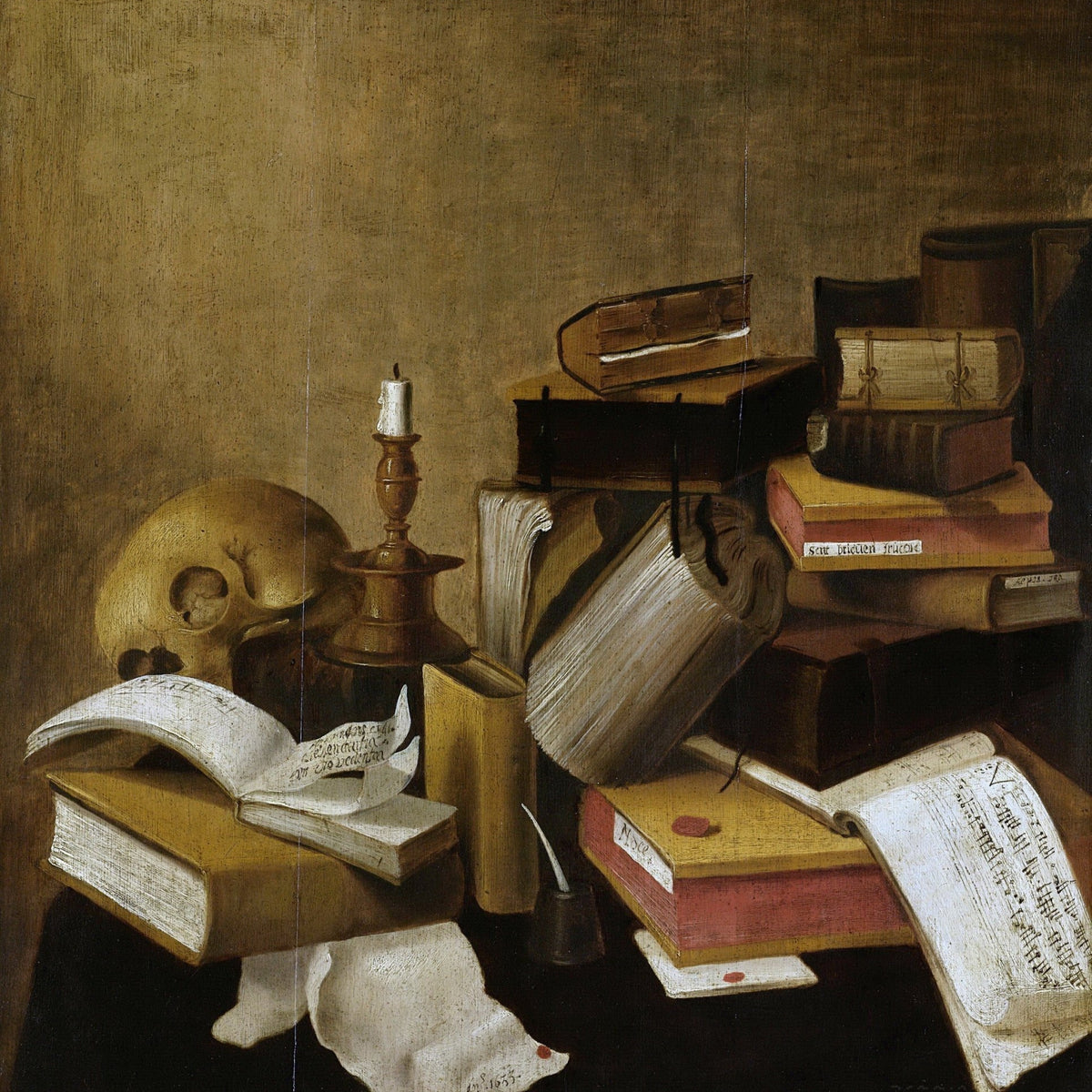Antique Books, Candle and Skull Desk - Still Life Oil Painting - Oil Painting Haven