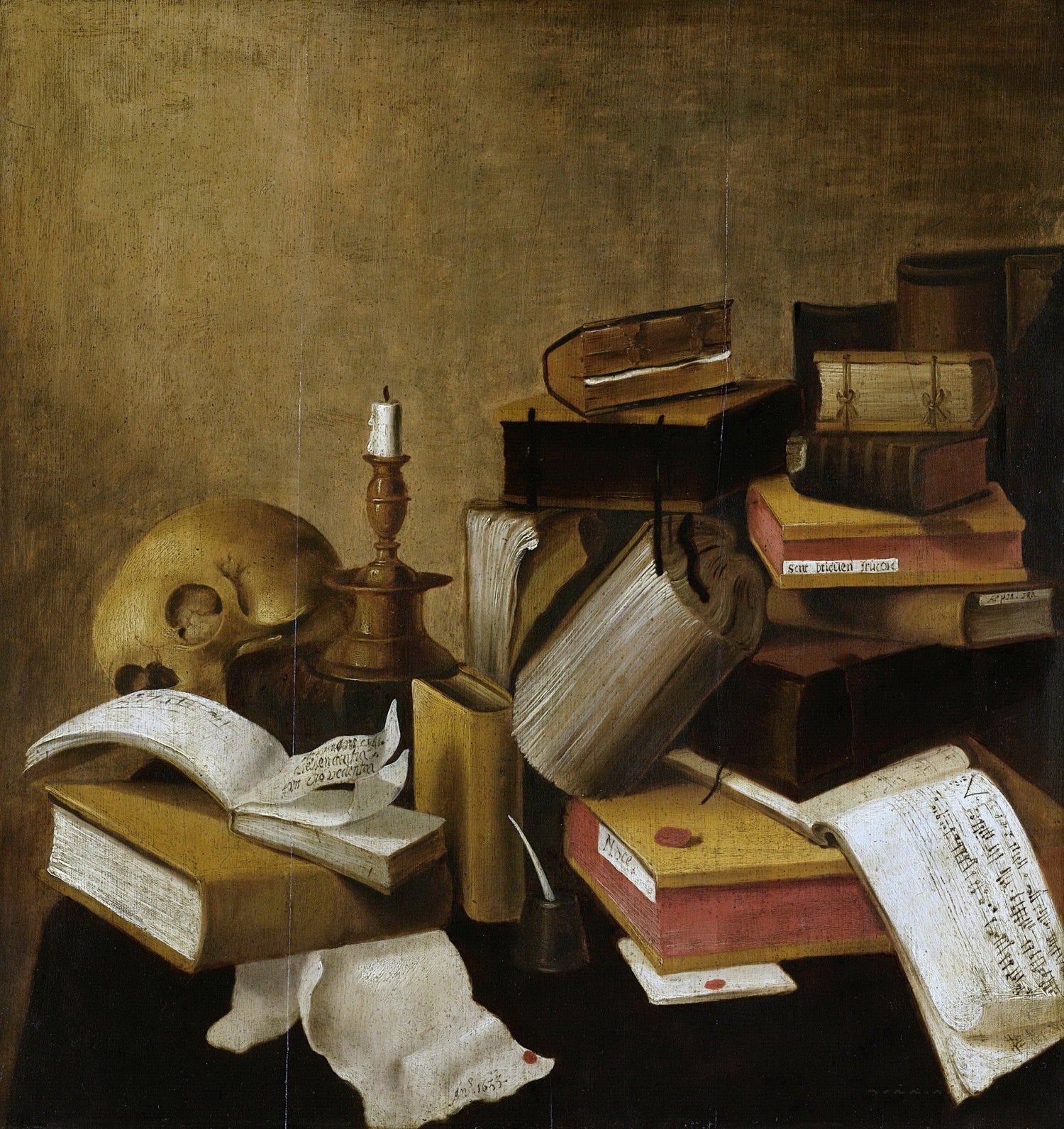 Antique Books, Candle and Skull Desk - Still Life Oil Painting - Oil Painting Haven