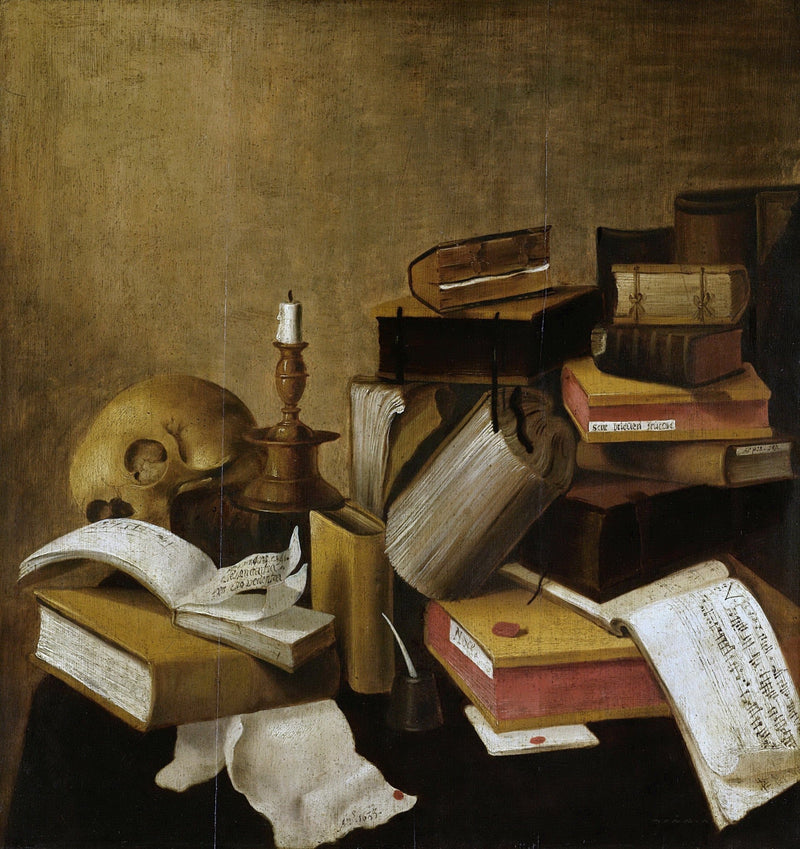 Antique Books, Candle and Skull Desk - Still Life Oil Painting - Oil Painting Haven