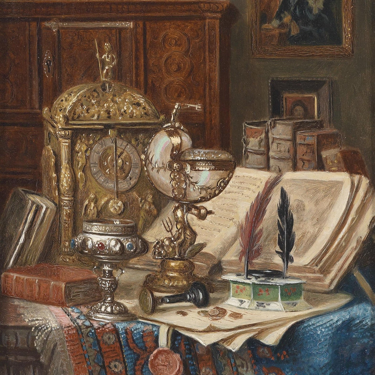 Antique Clock, Books and Quill Desk Scene - Still Life Oil Painting - Oil Painting Haven