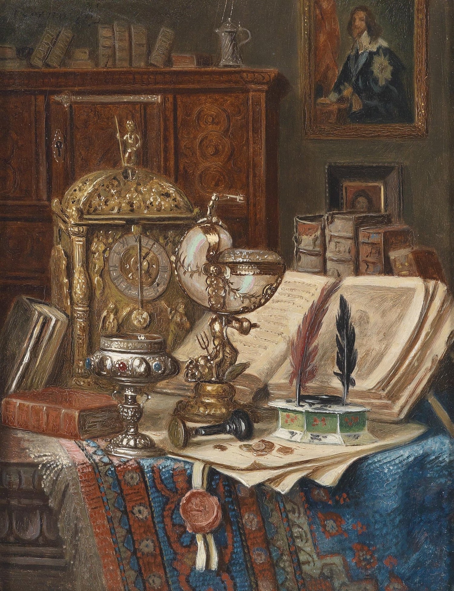 Antique Clock, Books and Quill Desk Scene - Still Life Oil Painting - Oil Painting Haven