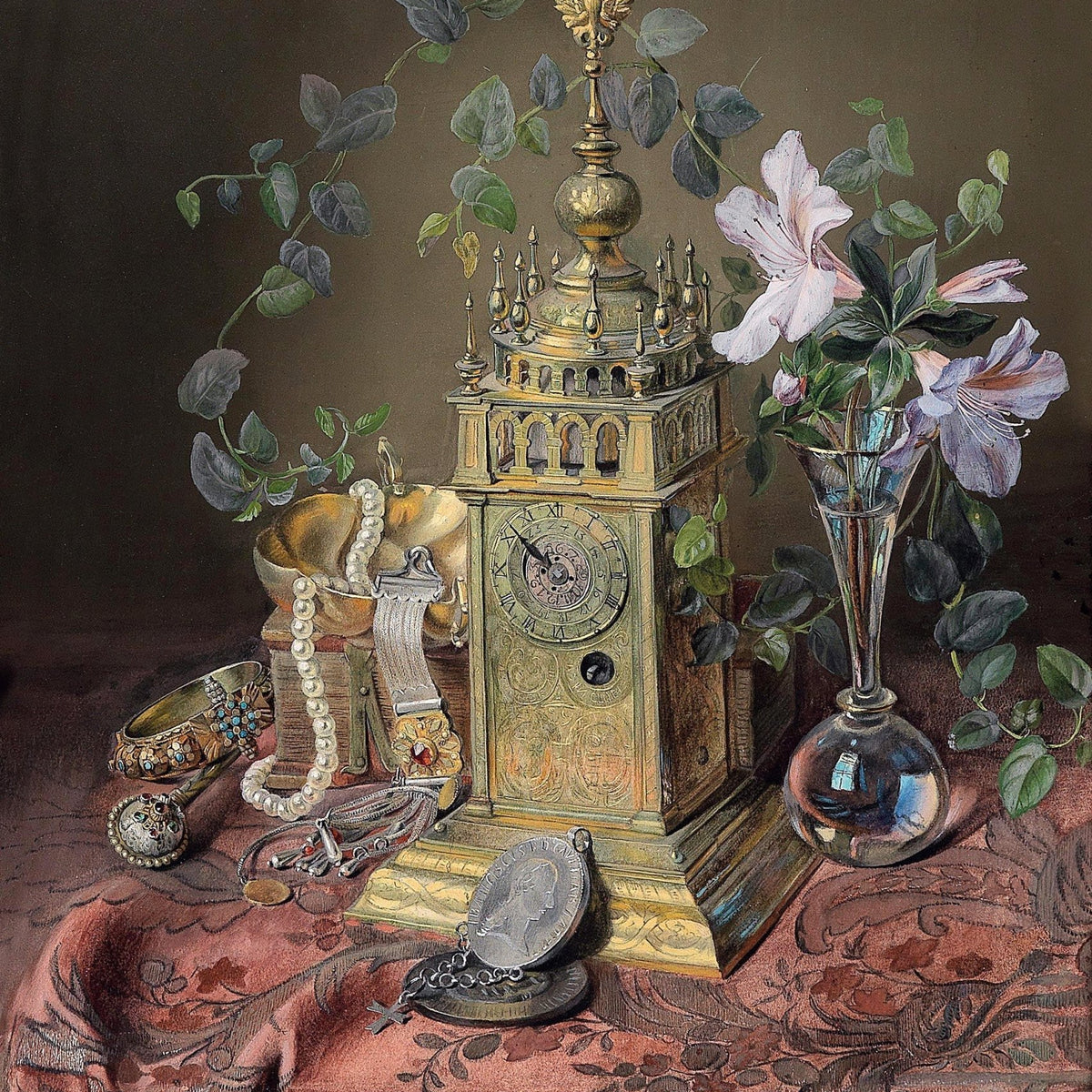 Antique Clock, Jewelry and Flowers - Still Life Oil Painting - Oil Painting Haven