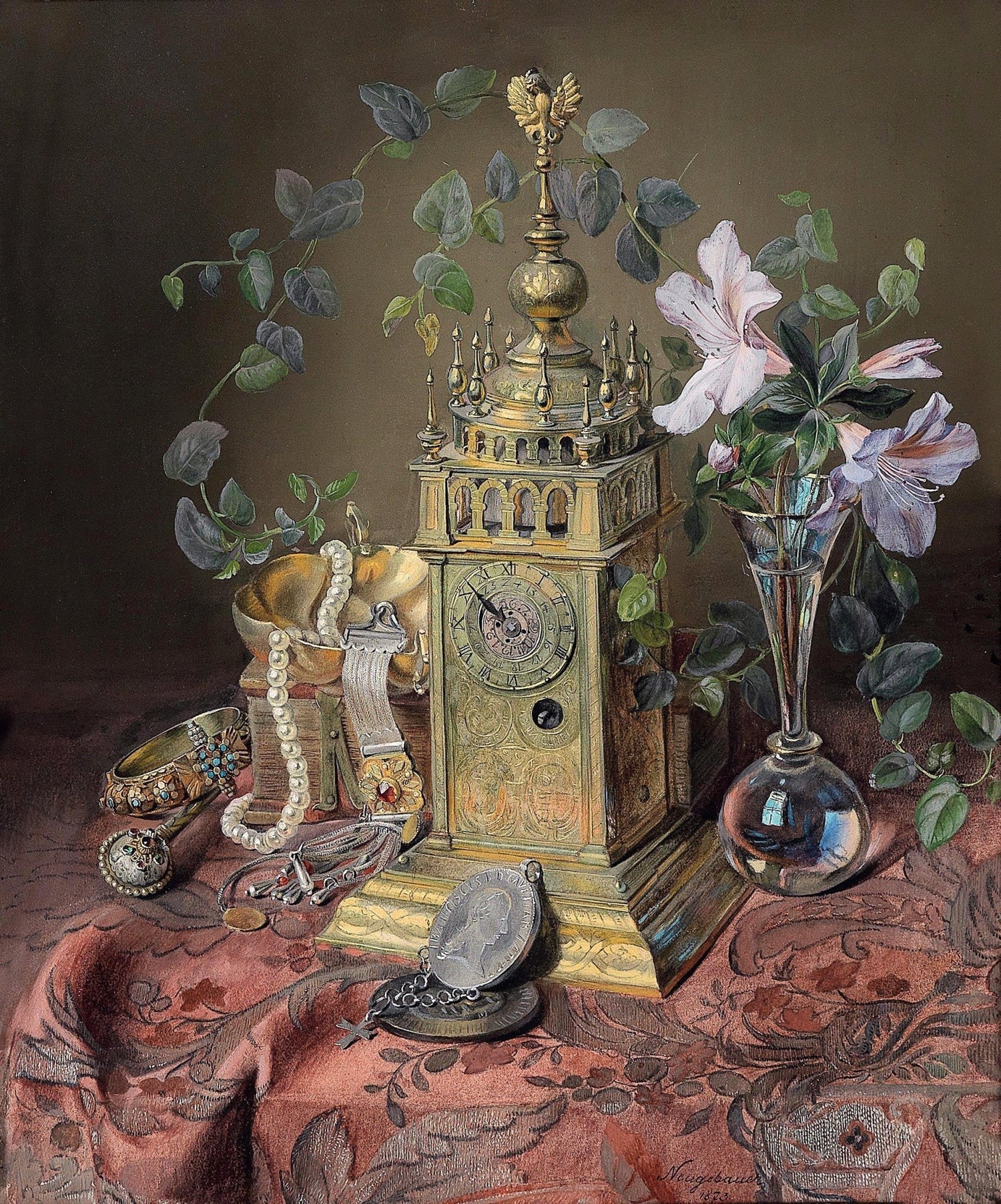 Antique Clock, Jewelry and Flowers - Still Life Oil Painting - Oil Painting Haven