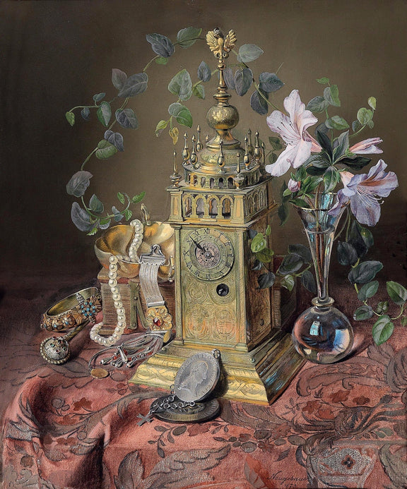 Antique Clock, Jewelry and Flowers - Still Life Oil Painting - Oil Painting Haven