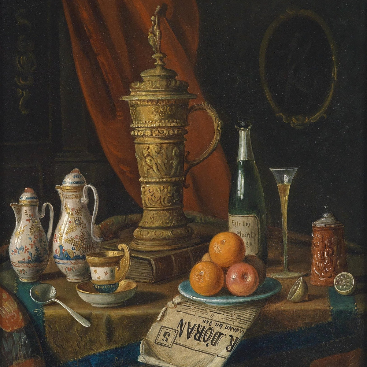 Antique Pitcher, Oranges and Wine Glass - Still Life Oil Painting - Oil Painting Haven