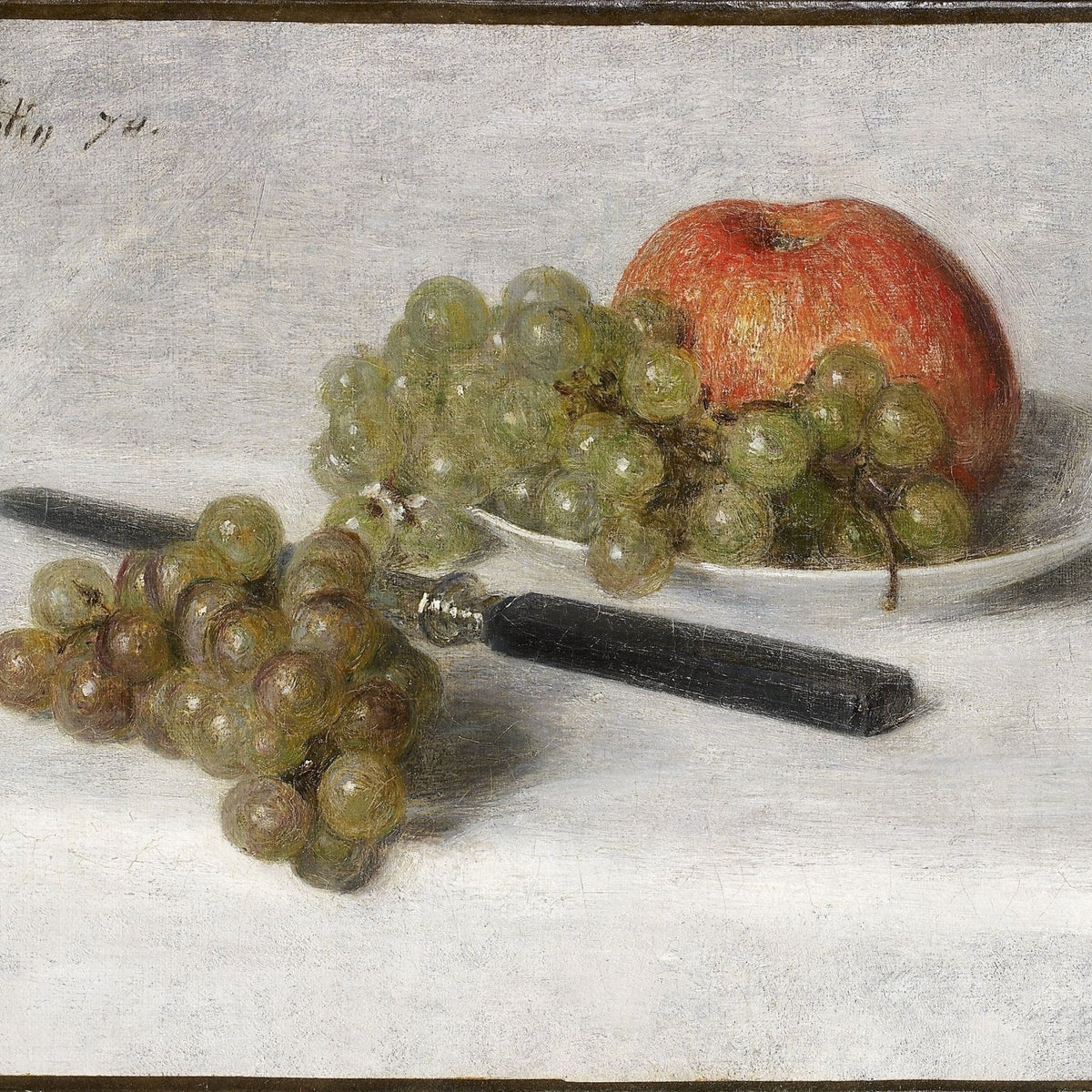 Apple, Grapes and Knife on Plate - Still Life Oil Painting - Oil Painting Haven