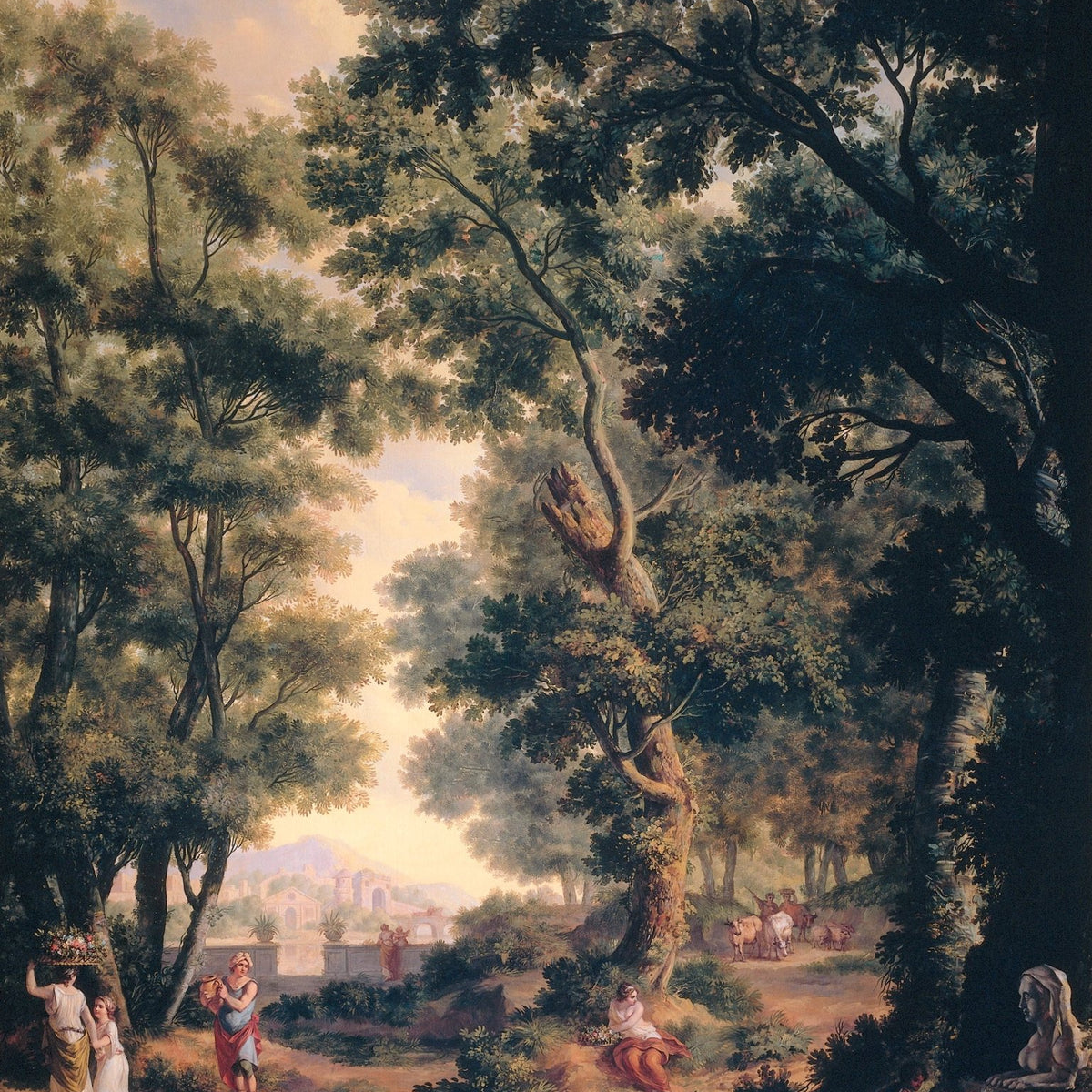 Landscape oil painting of an Arcadian forest with classical figures, hand painted oil on canvas featuring textured brushwork . - Add Frame, Canvas, Country, Figure, Forest, Hand Painted, Landscape, Made To Order, Oil Painting