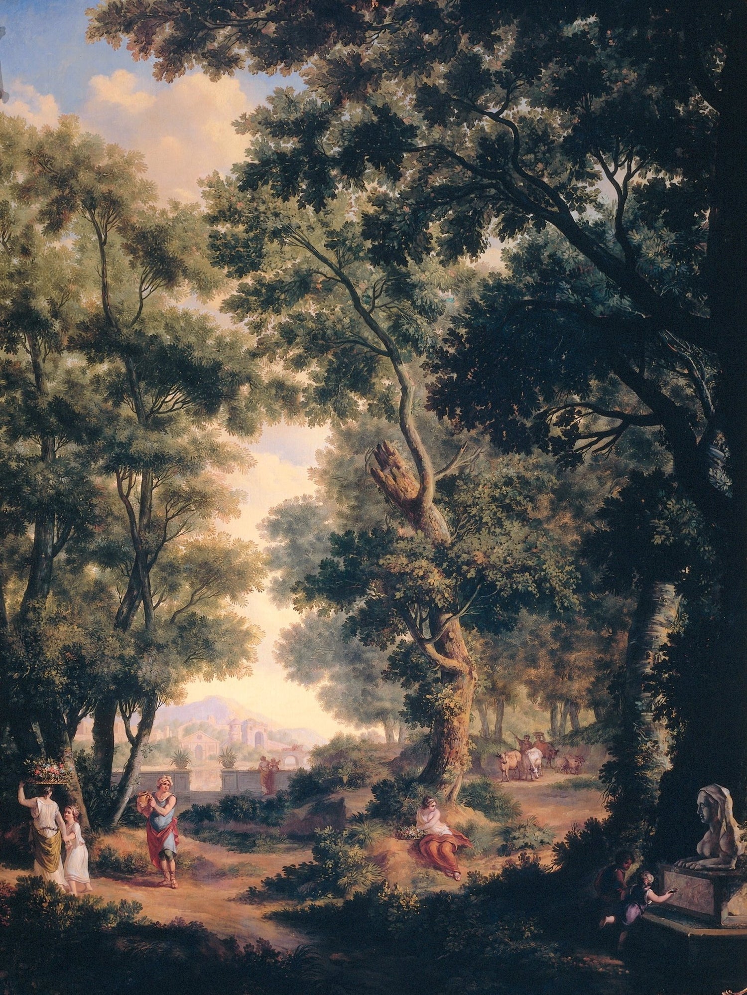Landscape oil painting of an Arcadian forest with classical figures, hand painted oil on canvas featuring textured brushwork . - Add Frame, Canvas, Country, Figure, Forest, Hand Painted, Landscape, Made To Order, Oil Painting