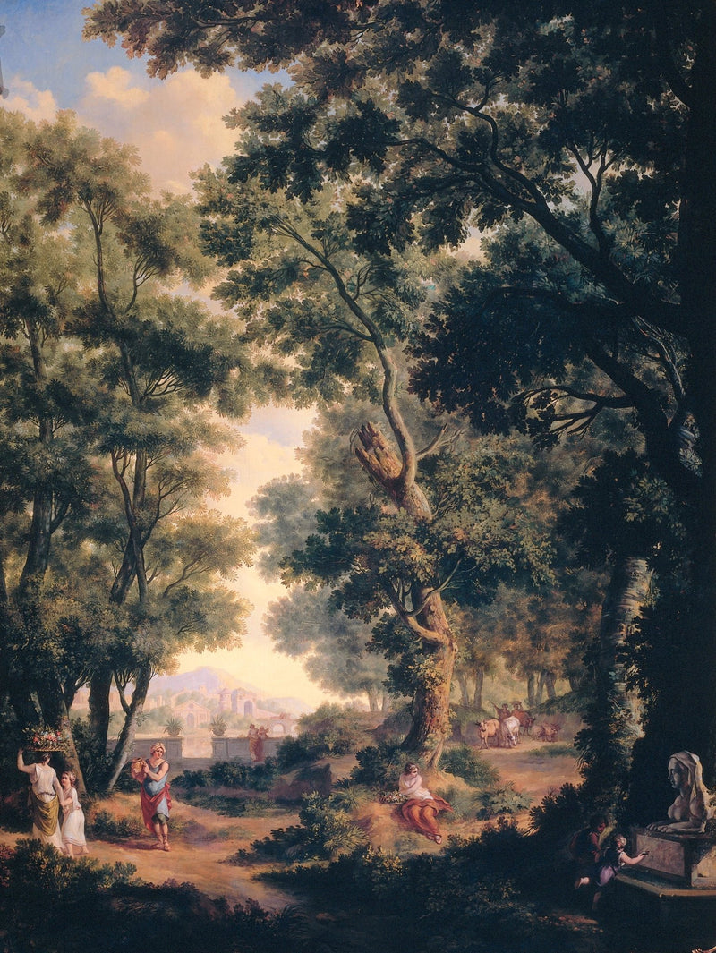 Landscape oil painting of an Arcadian forest with classical figures, hand painted oil on canvas featuring textured brushwork . - Add Frame, Canvas, Country, Figure, Forest, Hand Painted, Landscape, Made To Order, Oil Painting