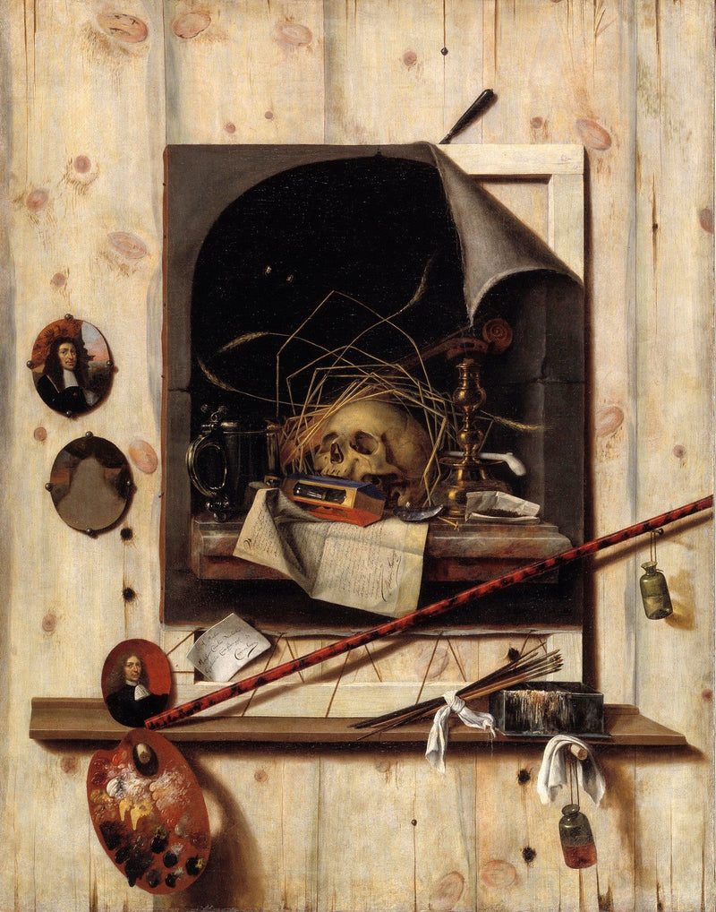 Artist Studio Vanitas with Skull and Tools - Still Life Oil Painting - Oil Painting Haven
