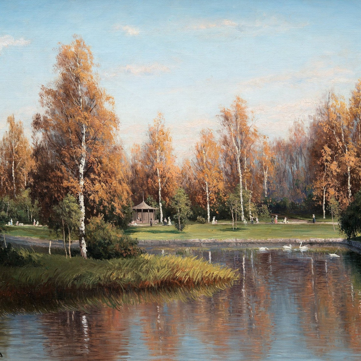 Autumn Birch Park by the Lake – Hand - Painted Landscape Oil Painting - Oil Painting Haven