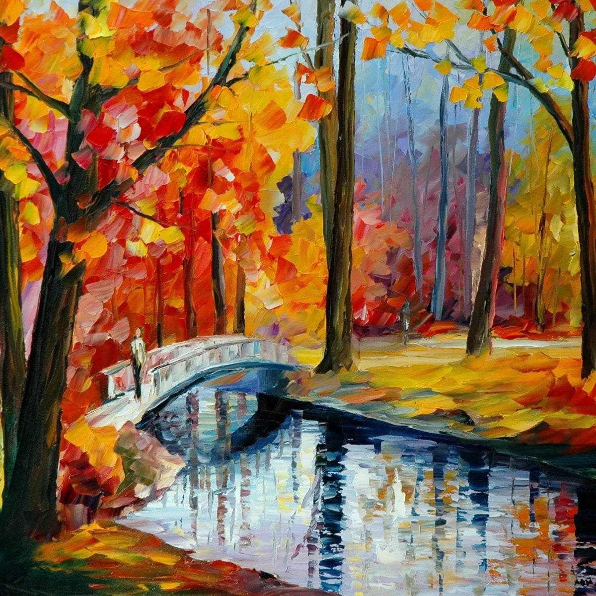 Autumn Bridge Abstract Landscape Oil Painting | River Foliage - Oil Painting Haven