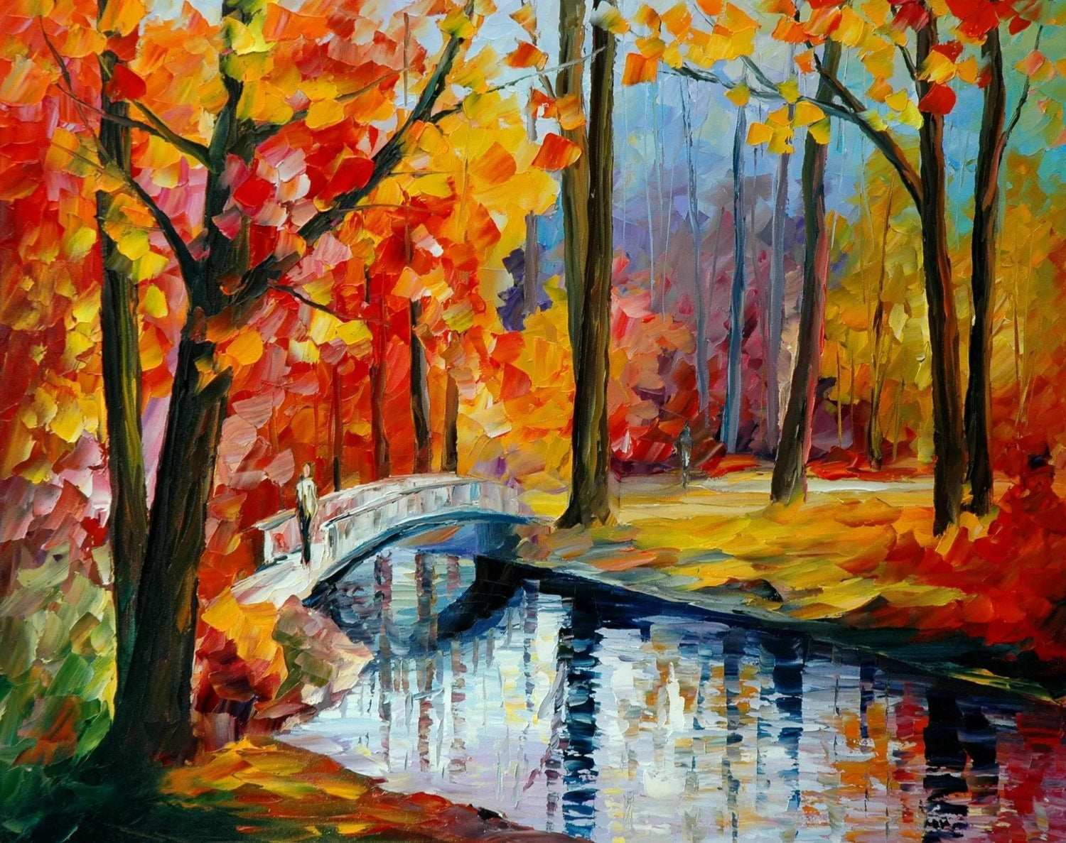 Autumn Bridge Abstract Landscape Oil Painting | River Foliage - Oil Painting Haven