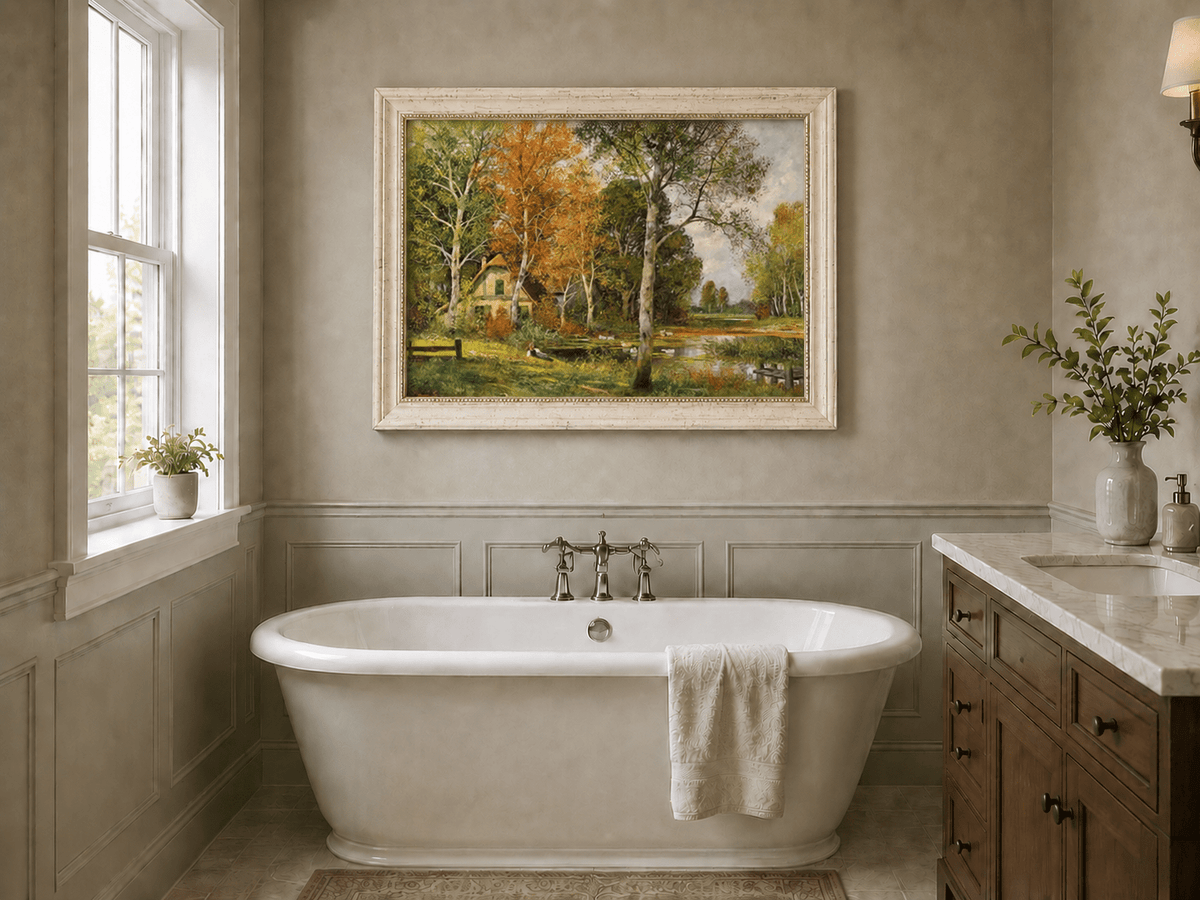 Framed hand-painted autumn riverside oil painting with a cottage among golden birch trees displayed above a freestanding bathtub.