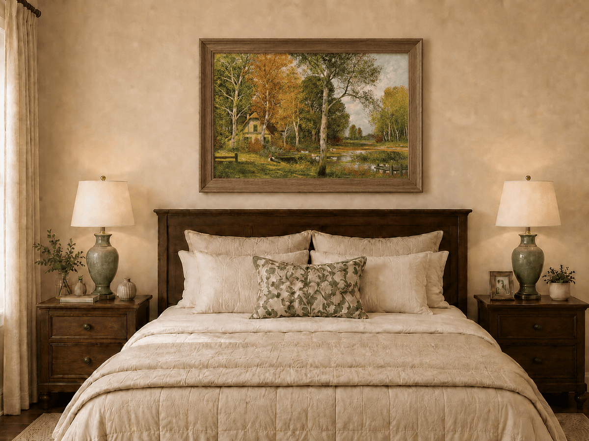 Framed hand-painted autumn riverside oil painting with a cottage among golden birch trees displayed above a wooden bed in a neutral bedroom.