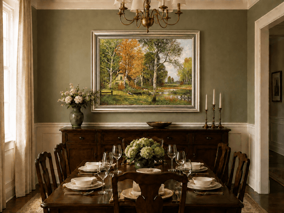 Framed hand-painted autumn riverside oil painting with a cottage among golden birch trees displayed above a formal dining table.