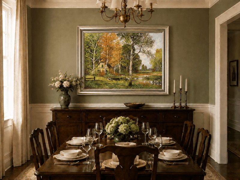Framed hand-painted autumn riverside oil painting with a cottage among golden birch trees displayed above a formal dining table.