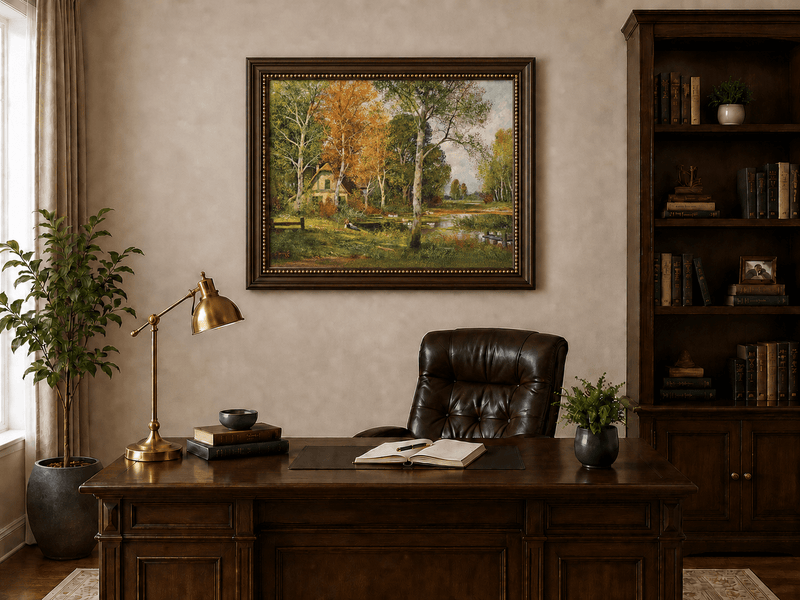 Framed hand-painted autumn riverside oil painting with a cottage among golden birch trees displayed above a traditional home office desk.