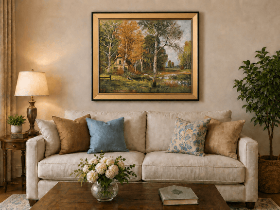 Framed hand-painted autumn riverside oil painting with a cottage among golden birch trees displayed above a neutral living room sofa.