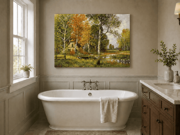 Unframed hand-painted autumn riverside oil painting with a cottage among golden birch trees displayed above a freestanding bathtub.