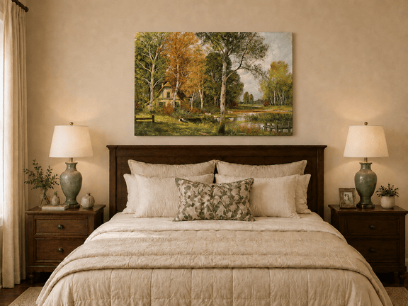 Unframed hand-painted autumn riverside oil painting with a cottage among golden birch trees displayed above a wooden bed in a neutral bedroom.