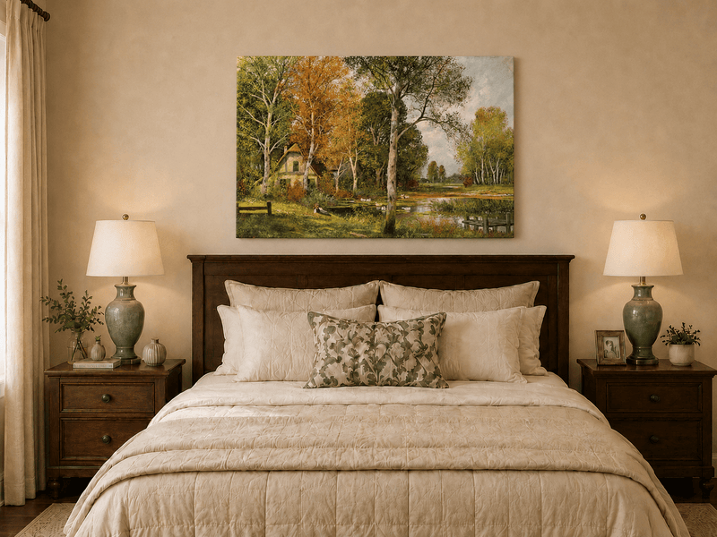 Unframed hand-painted autumn riverside oil painting with a cottage among golden birch trees displayed above a wooden bed in a neutral bedroom.