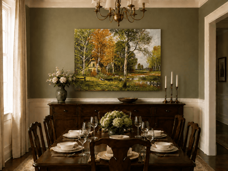 Unframed hand-painted autumn riverside oil painting with a cottage among golden birch trees displayed above a formal dining table.
