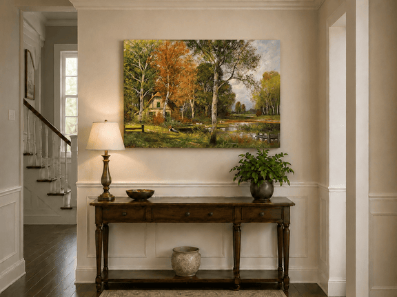 Unframed hand-painted autumn riverside oil painting with a cottage among golden birch trees displayed above an entryway console table.