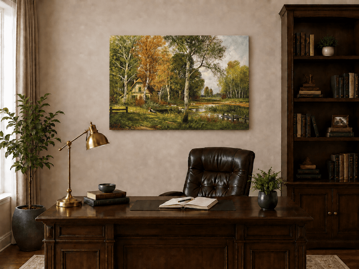 Unframed hand-painted autumn riverside oil painting with a cottage among golden birch trees displayed above a traditional home office desk.
