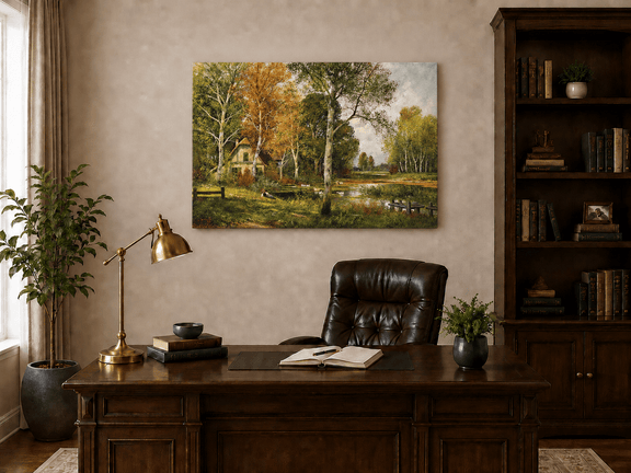 Unframed hand-painted autumn riverside oil painting with a cottage among golden birch trees displayed above a traditional home office desk.