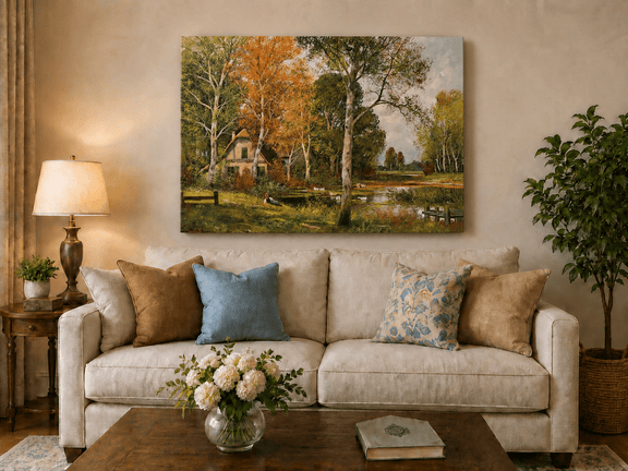 Unframed hand-painted autumn riverside oil painting with a cottage among golden birch trees displayed above a neutral living room sofa.
