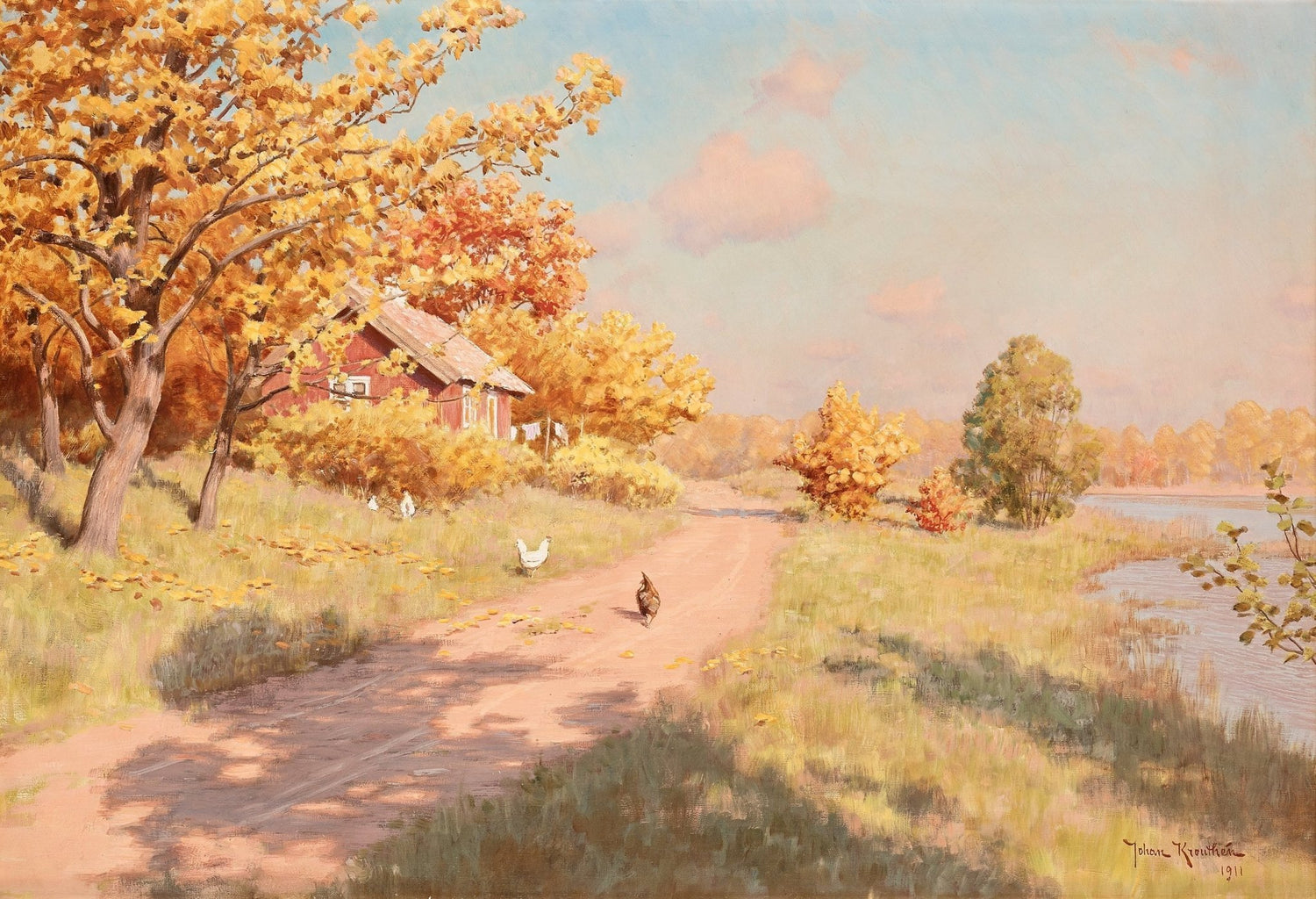 Autumn Country Path by Lakeside Cottage – Hand - Painted Oil Painting - Oil Painting Haven