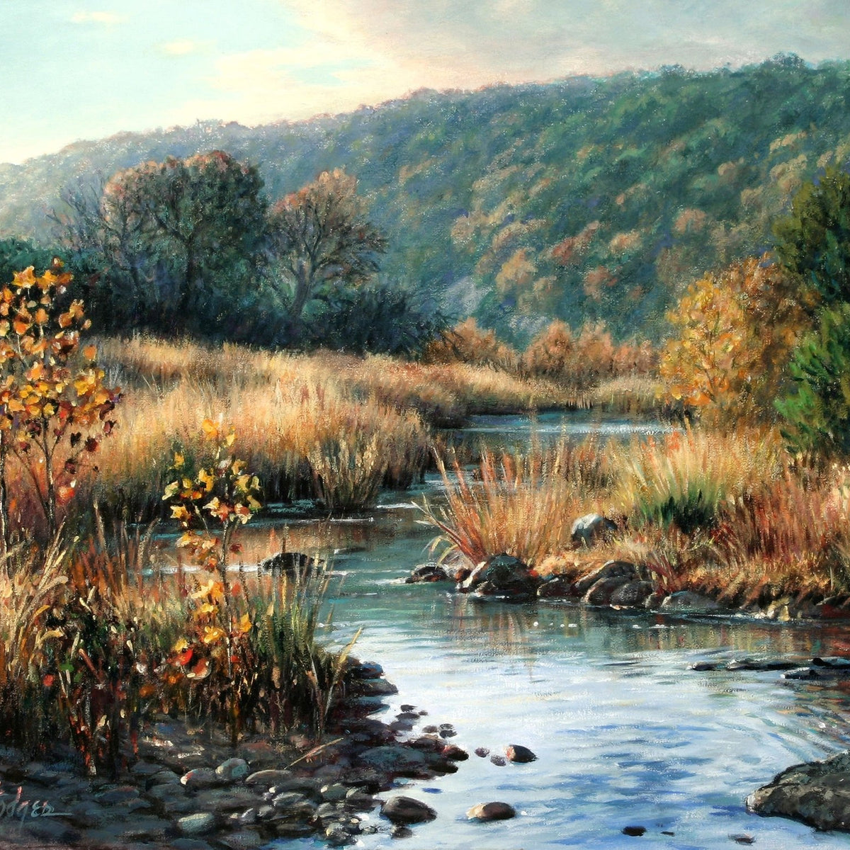 Autumn Creek with Golden Reeds and Hills - Landscape Oil Painting - Oil Painting Haven