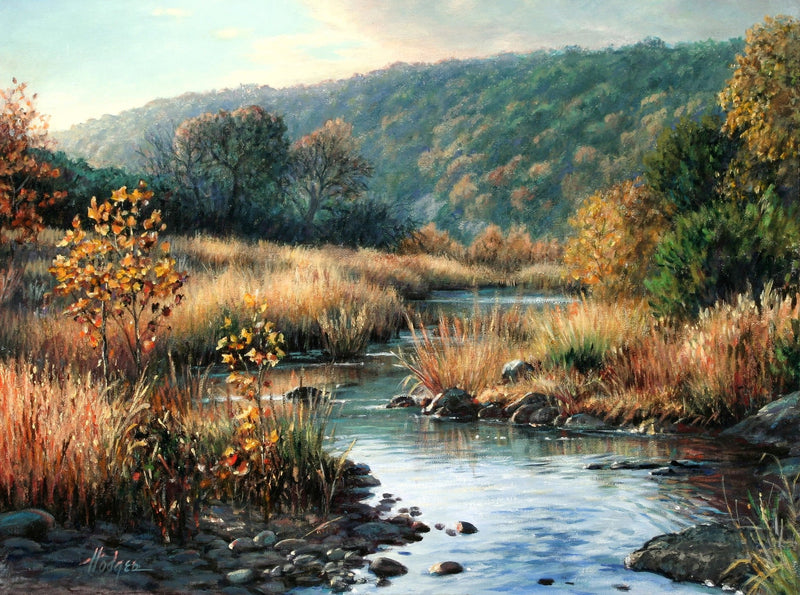 Autumn Creek with Golden Reeds and Hills - Landscape Oil Painting - Oil Painting Haven