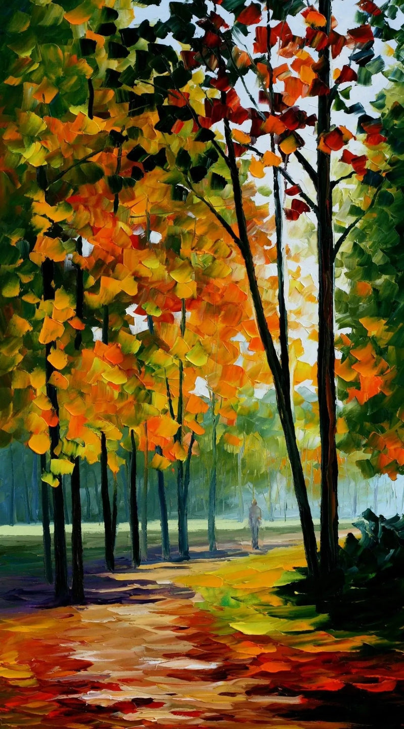 Autumn Forest Abstract Landscape Oil Painting - Path with Figure - Oil Painting Haven