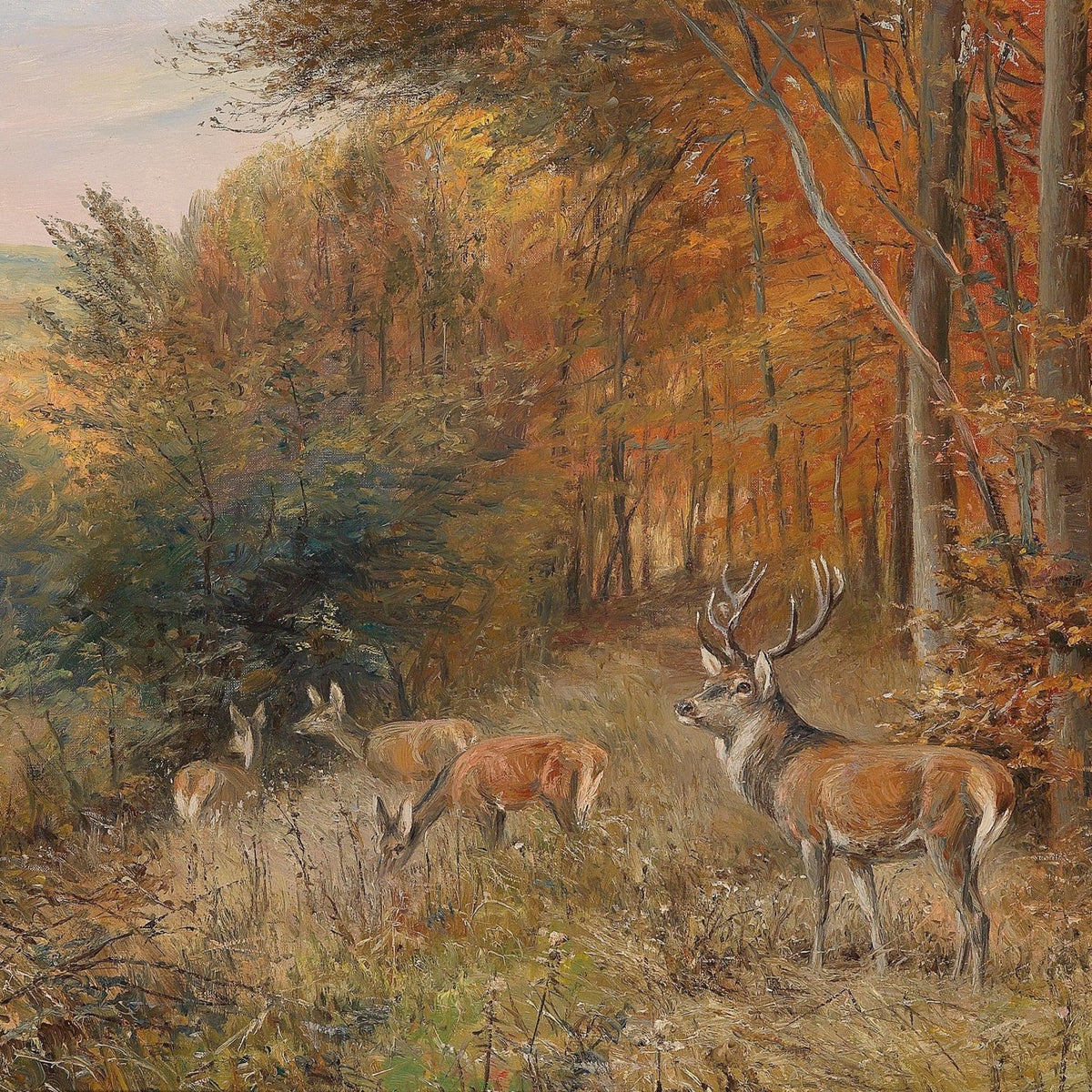 Autumn Forest Deer Scene – Hand - Painted Landscape Oil Painting - Oil Painting Haven