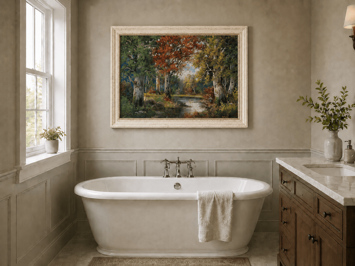 Framed hand-painted autumn forest lake oil painting with colorful trees and reflections displayed above a freestanding bathtub.