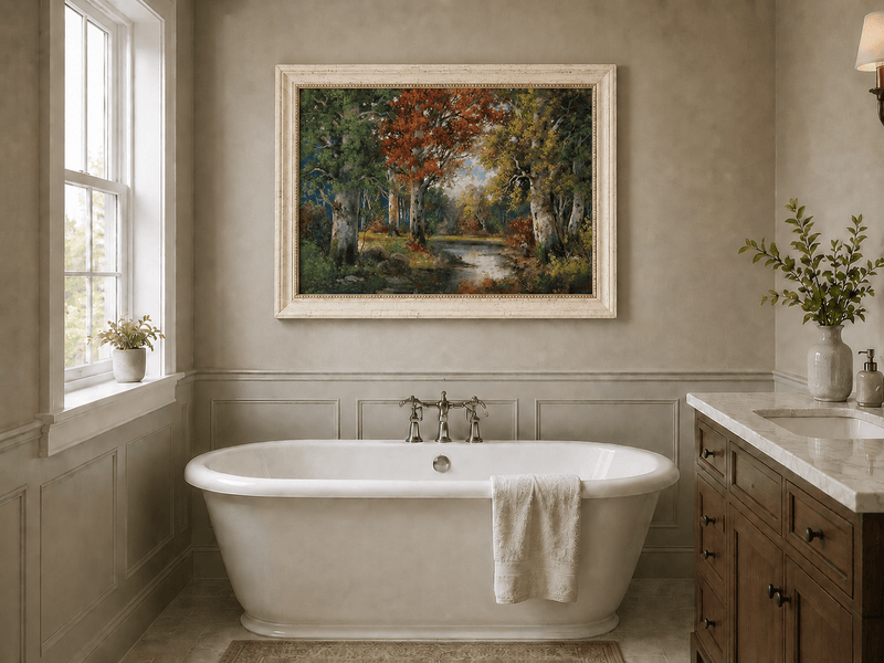 Framed hand-painted autumn forest lake oil painting with colorful trees and reflections displayed above a freestanding bathtub.