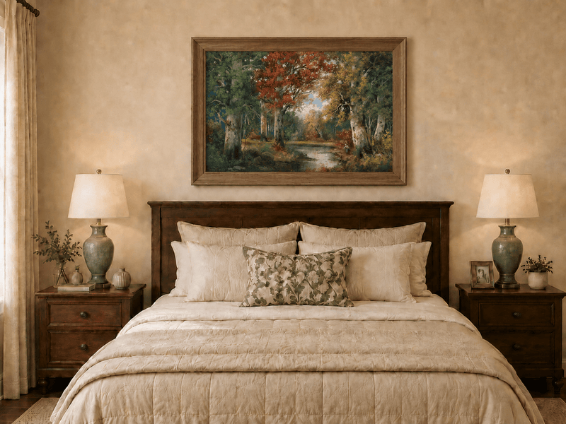 Framed hand-painted autumn forest lake oil painting with colorful trees and reflections displayed above a wooden bed in a neutral bedroom.