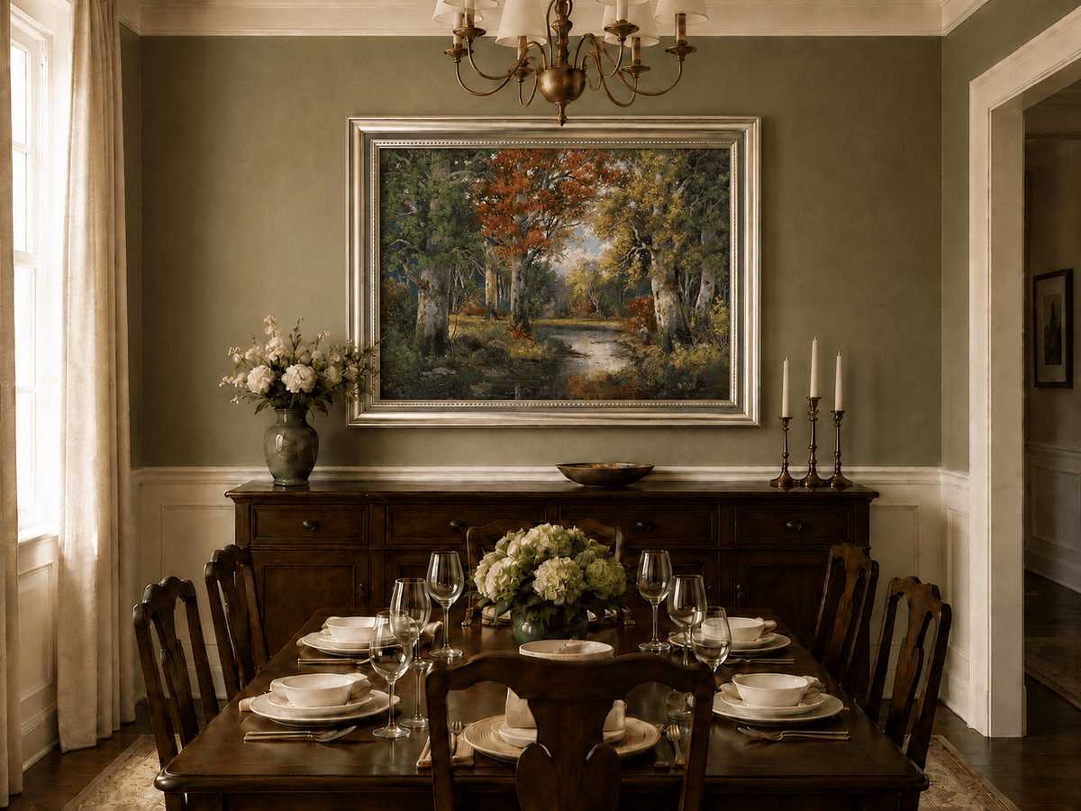 Framed hand-painted autumn forest lake oil painting with colorful trees and reflections displayed above a formal dining table.