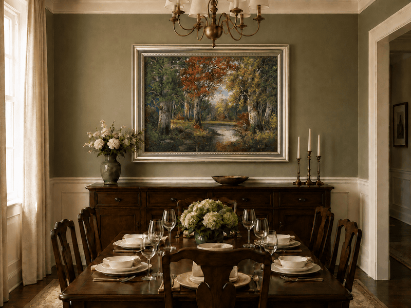 Framed hand-painted autumn forest lake oil painting with colorful trees and reflections displayed above a formal dining table.