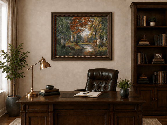 Framed hand-painted autumn forest lake oil painting with colorful trees and reflections displayed above a traditional home office desk.