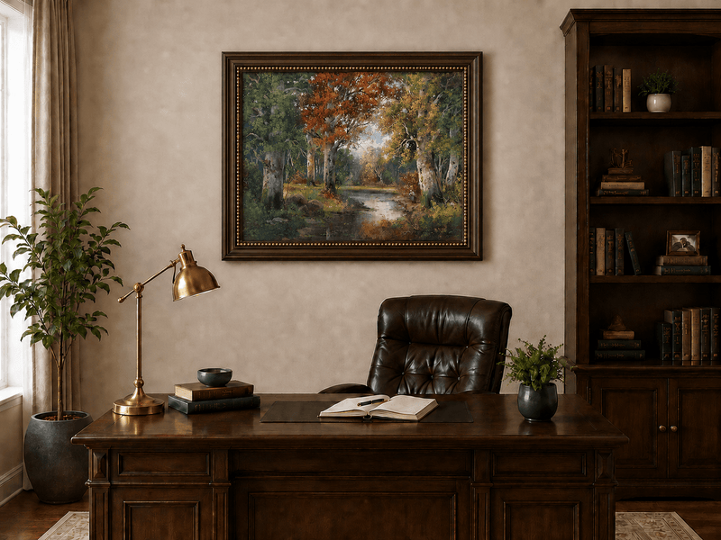 Framed hand-painted autumn forest lake oil painting with colorful trees and reflections displayed above a traditional home office desk.