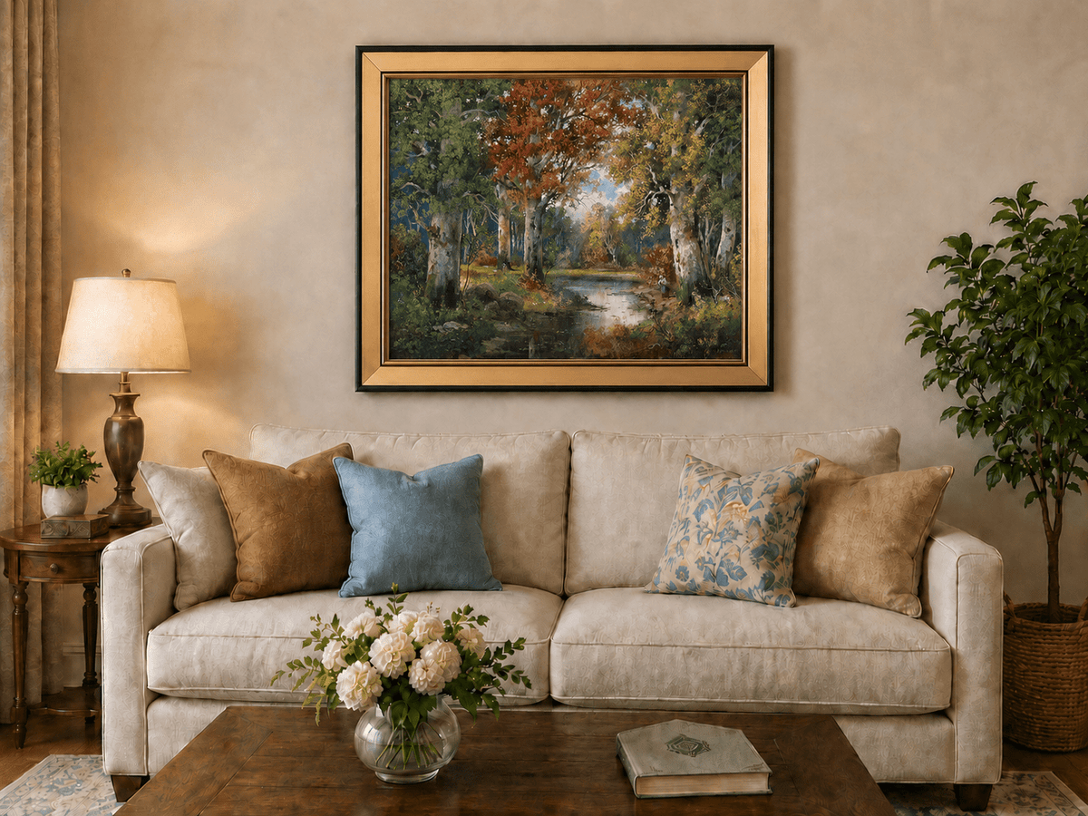 Framed hand-painted autumn forest lake oil painting with colorful trees and reflections displayed above a neutral living room sofa.