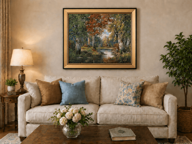 Framed hand-painted autumn forest lake oil painting with colorful trees and reflections displayed above a neutral living room sofa.