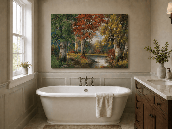 Unframed hand-painted autumn forest lake oil painting with colorful trees and reflections displayed above a freestanding bathtub.