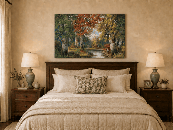 Unframed hand-painted autumn forest lake oil painting with colorful trees and reflections displayed above a wooden bed in a neutral bedroom.